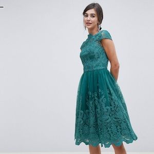Chi Chi London Tall Premium Bardot Midi Prom Dress in Green/Teal